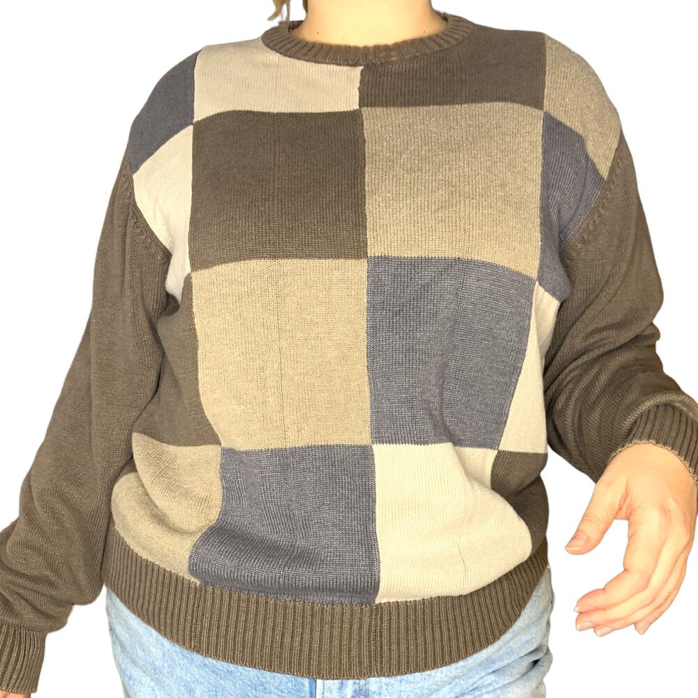 Vintage Brown Checkered Plaid Crewneck Sweater Knit XL